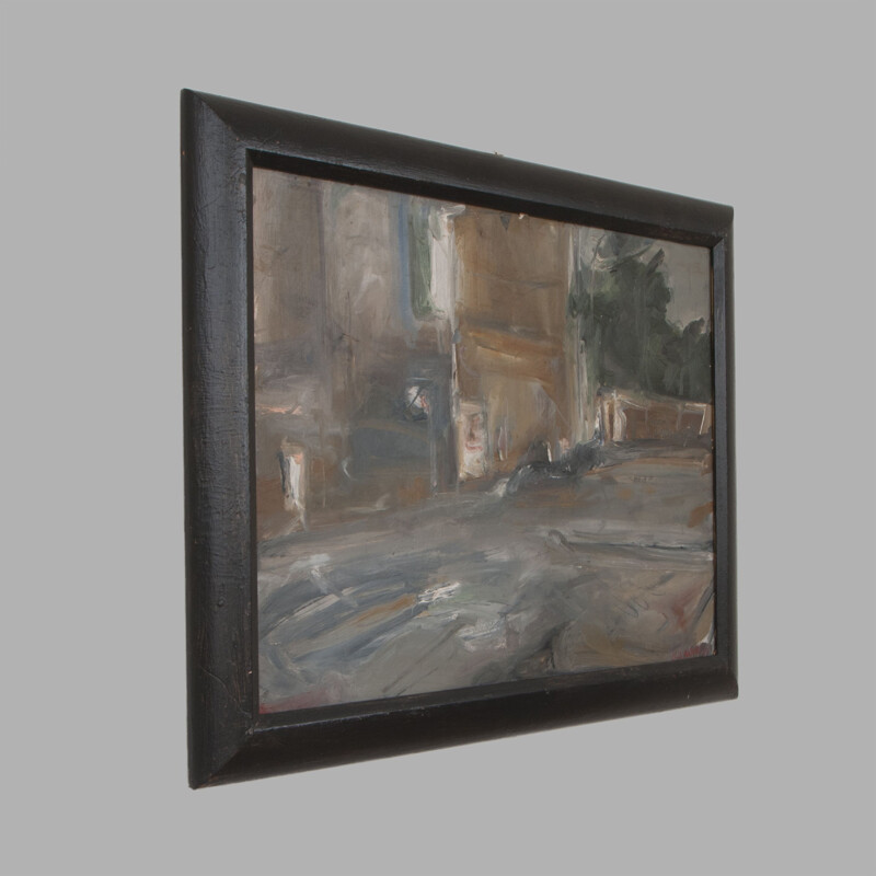 Canvas Oil on vintage cardboard "La mia strada" by Folco Chiti Batelli 1987