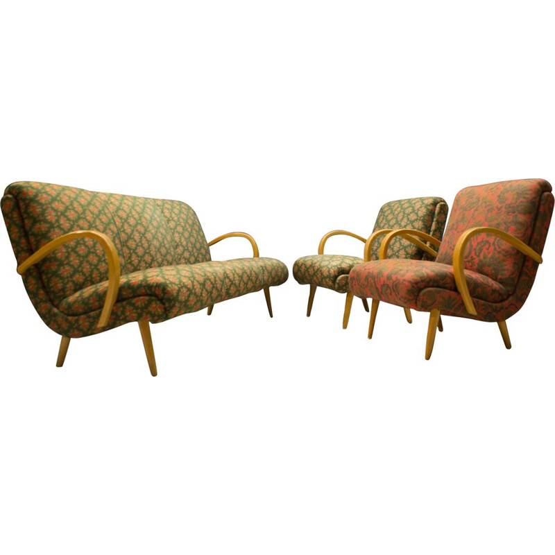 Set of Mid-Century Living Room : sofa and 2 armchairs in fabric, 1950s