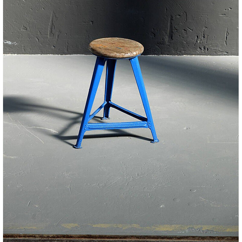 Tabouret industriel Rowac en métal peint en bleu et bois, Robert WAGNER - 1970