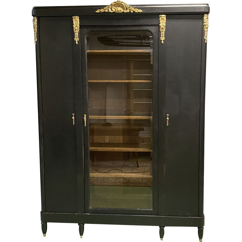 Vintage bookcase in matte black patina oak and bronze