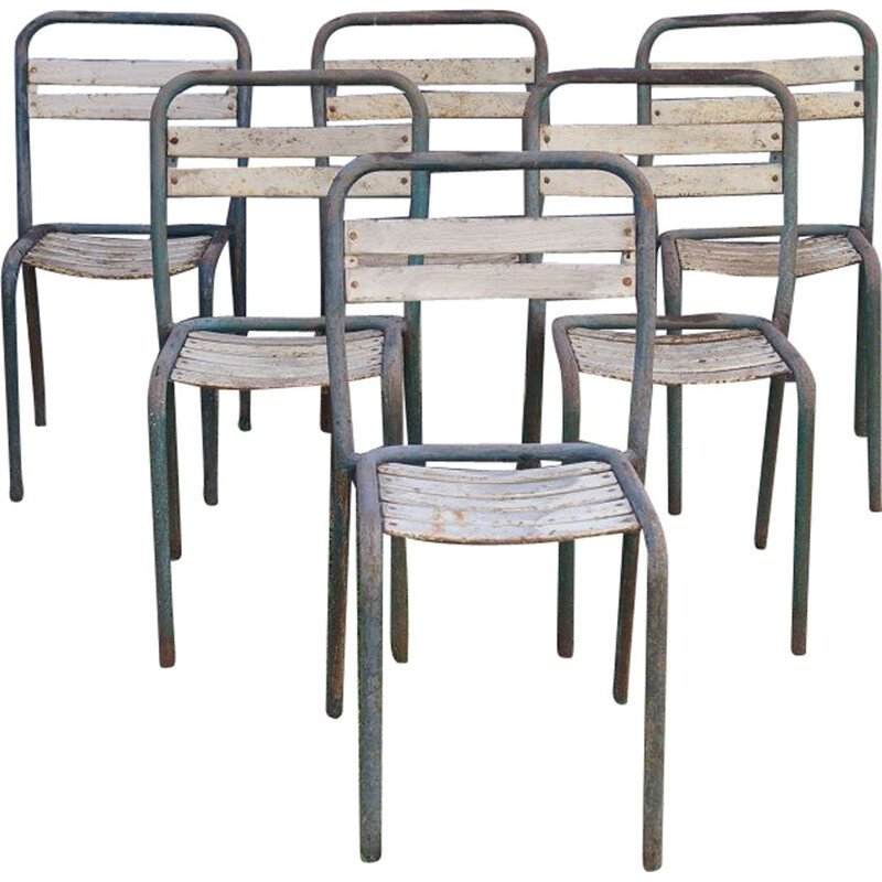 Suite de 6 chaises Tolix vintage en métal 1950