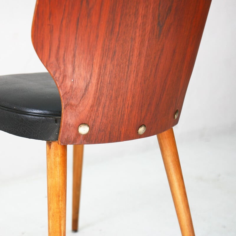 Chaise vintage en teck et simili cuir avec détails en laiton - 1950