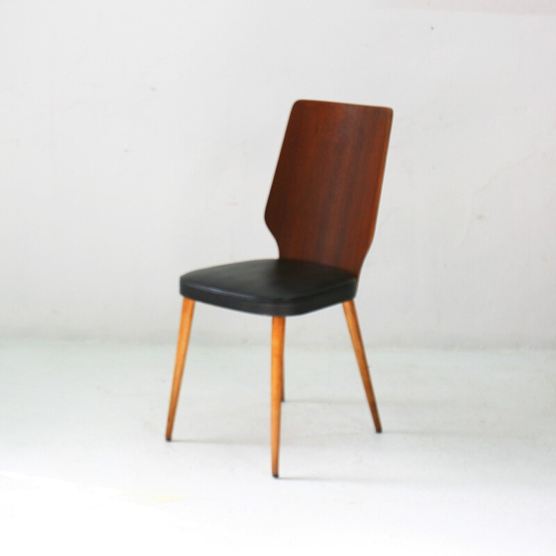 Side chair in teak and leatherette with brass details - 1950s