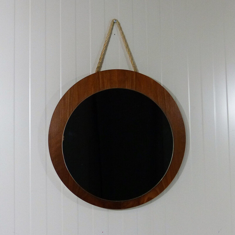 Vintage Teak mirror with rope wall fastening