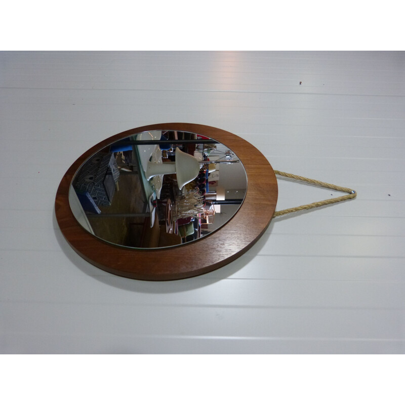 Vintage Teak mirror with rope wall fastening
