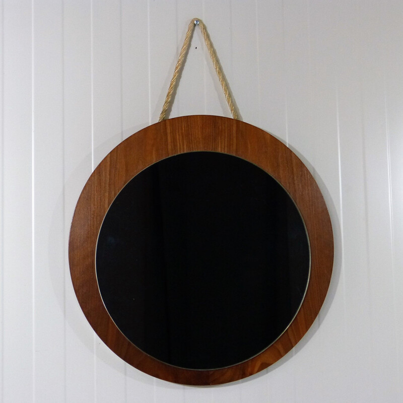 Vintage Teak mirror with rope wall fastening