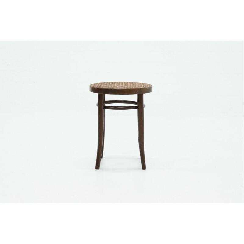 Tabouret rond vintage en bois courbé avec sangles en rotin, 1960