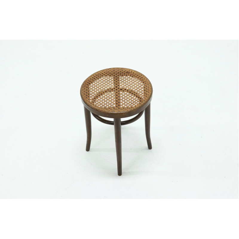 Vintage Bentwood Round Stool with Rattan Webbing 1960s