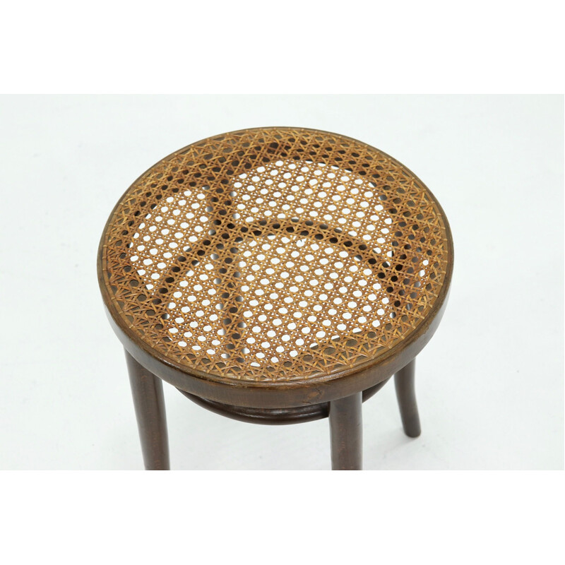 Vintage Bentwood Round Stool with Rattan Webbing 1960s