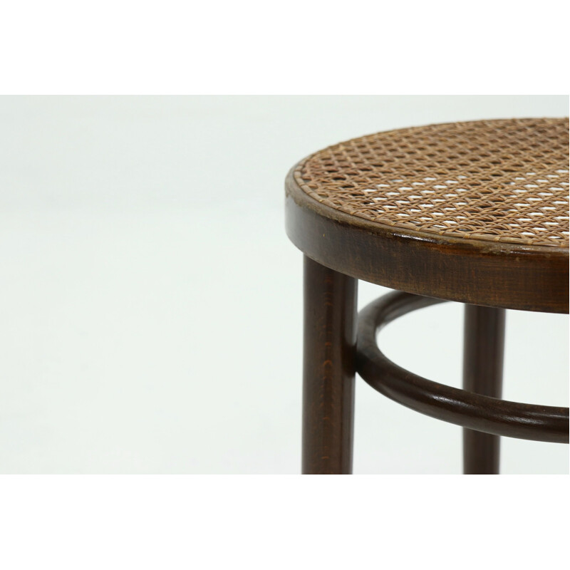 Vintage Bentwood Round Stool with Rattan Webbing 1960s