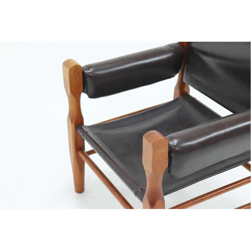 Vintage leather safari chair, Sweden 1960