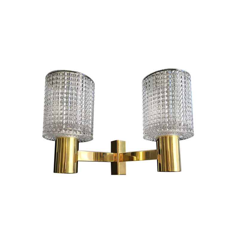 Vintage double wall light in brass and crystal. Carl Fagerlund. Orrefors 1960