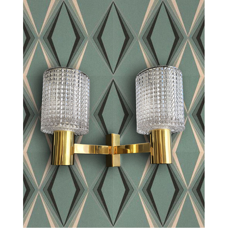 Vintage double wall light in brass and crystal. Carl Fagerlund. Orrefors 1960