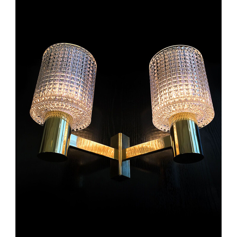 Vintage double wall light in brass and crystal. Carl Fagerlund. Orrefors 1960