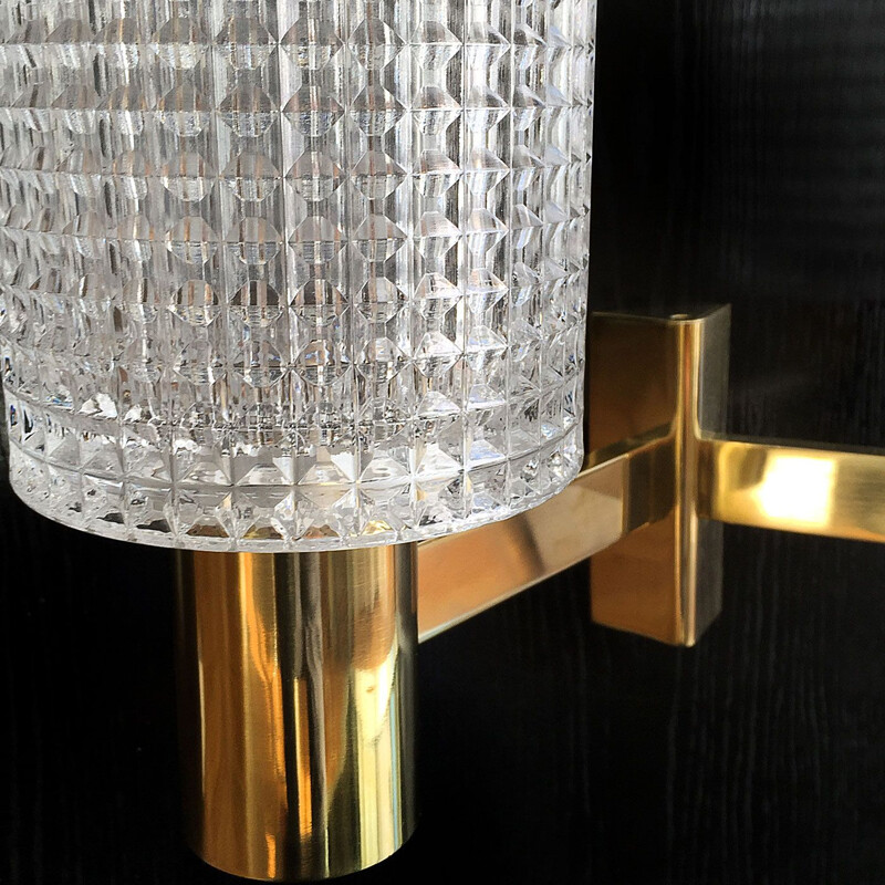 Vintage double wall light in brass and crystal. Carl Fagerlund. Orrefors 1960