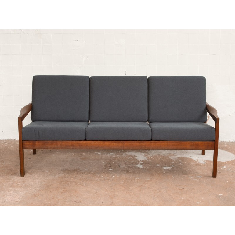 3-seater sofa with a teak frame and blue grey cotton fabric - 1960s