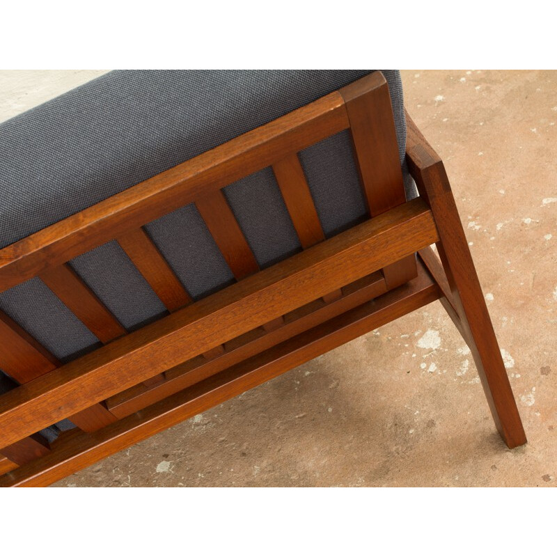 3-seater sofa with a teak frame and blue grey cotton fabric - 1960s