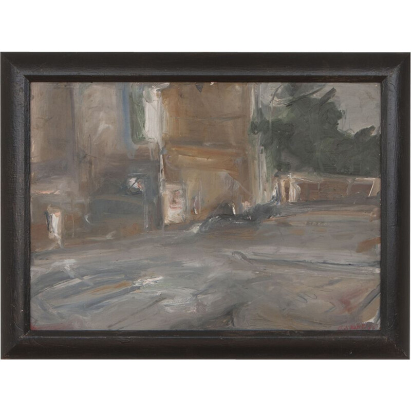 Canvas Oil on vintage cardboard "La mia strada" by Folco Chiti Batelli 1987