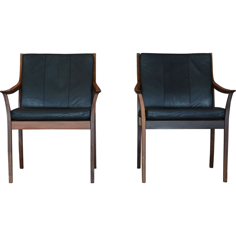 Paire de fauteuils vintage en cuir de Torbjørn Afdal pour Bruksbo, Norvège en palissandre 1970