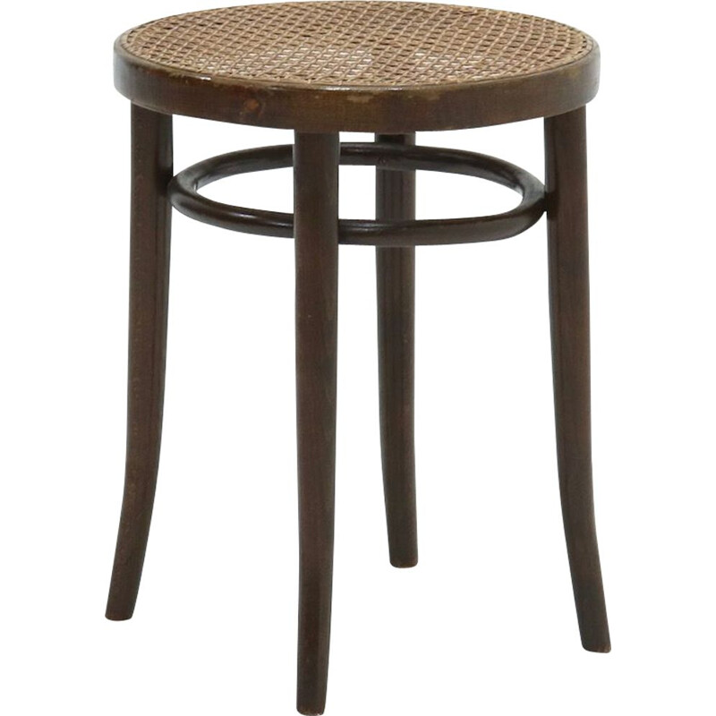 Tabouret rond vintage en bois courbé avec sangles en rotin, 1960