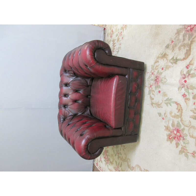 Vintage chesterfield leather armchair dark burgundy red