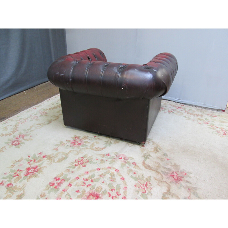 Vintage chesterfield leather armchair dark burgundy red