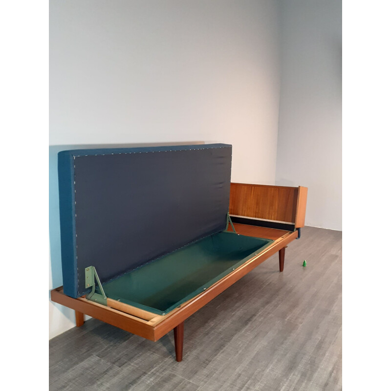 Vintage Ingmar Relling daybed in Teak and Blue Cloth, Norwegian 1960