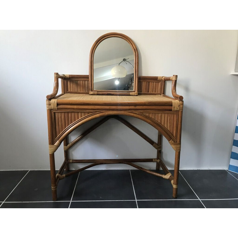 Vintage desk dressing table with rattan mirror 1970