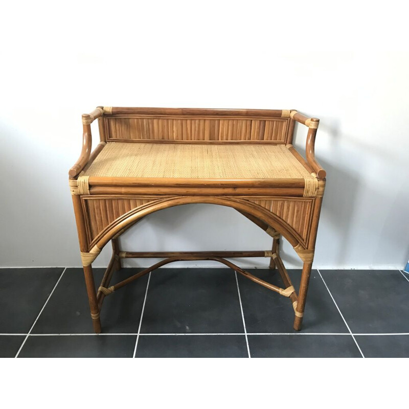 Vintage desk dressing table with rattan mirror 1970