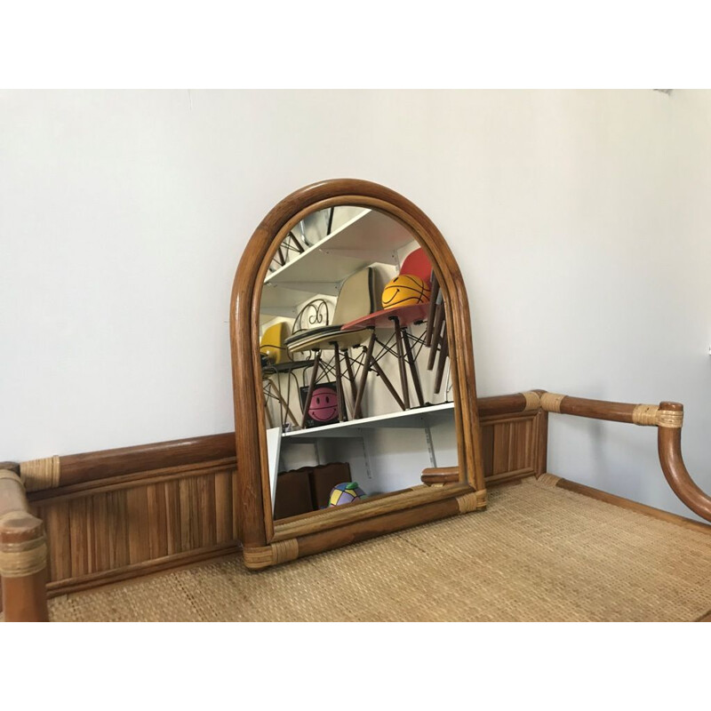Coiffeuse bureau vintage avec miroir en rotin 1970