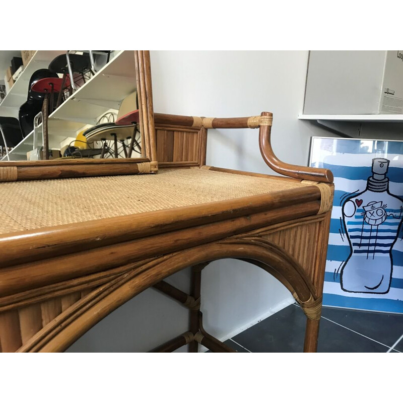 Vintage desk dressing table with rattan mirror 1970