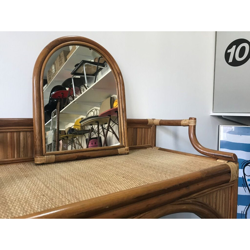 Coiffeuse bureau vintage avec miroir en rotin 1970