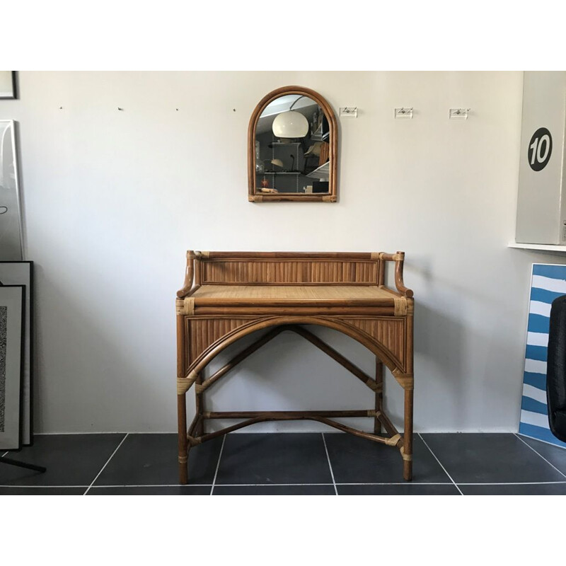Vintage desk dressing table with rattan mirror 1970