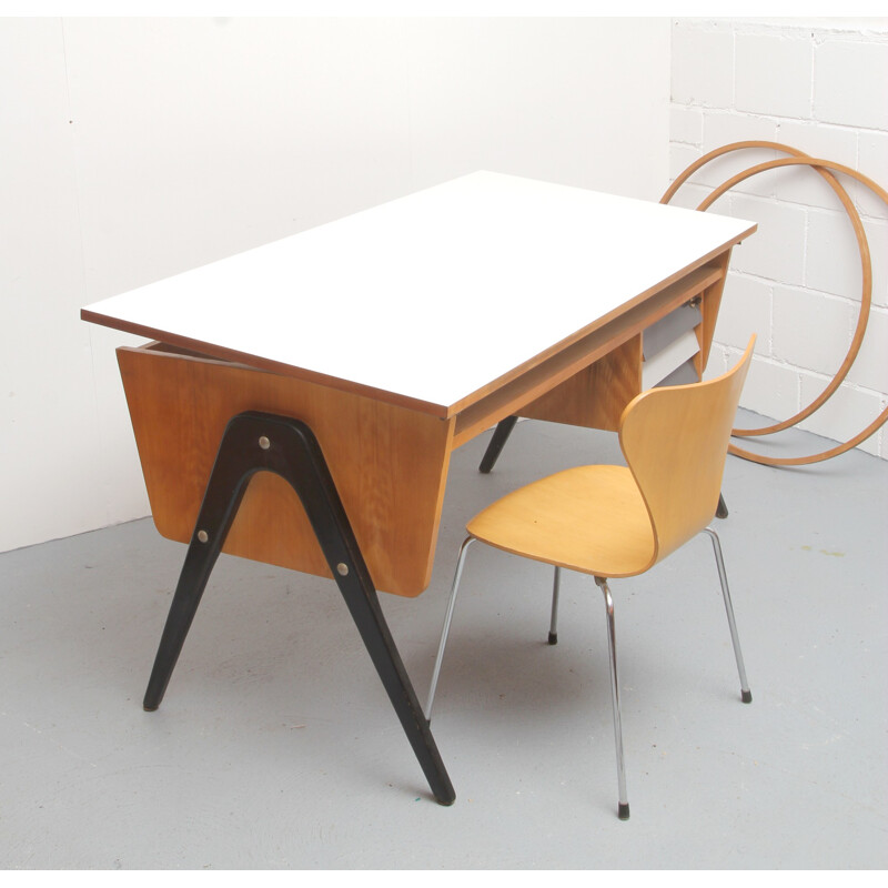 German wooden desk with compass legs - 1950s