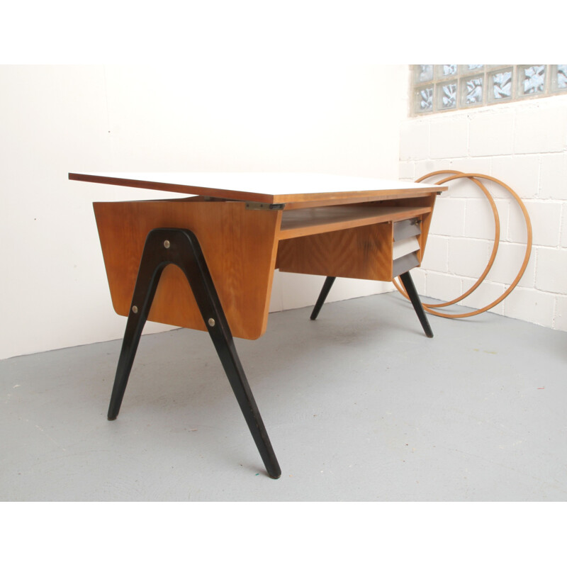 Bureau allemand en bois et piétement compas - 1950