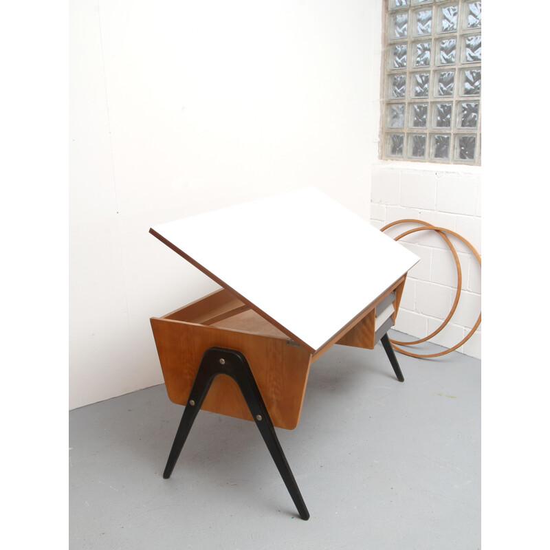 German wooden desk with compass legs - 1950s