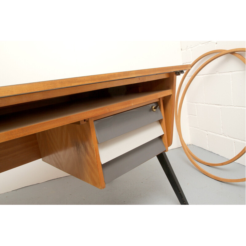 German wooden desk with compass legs - 1950s