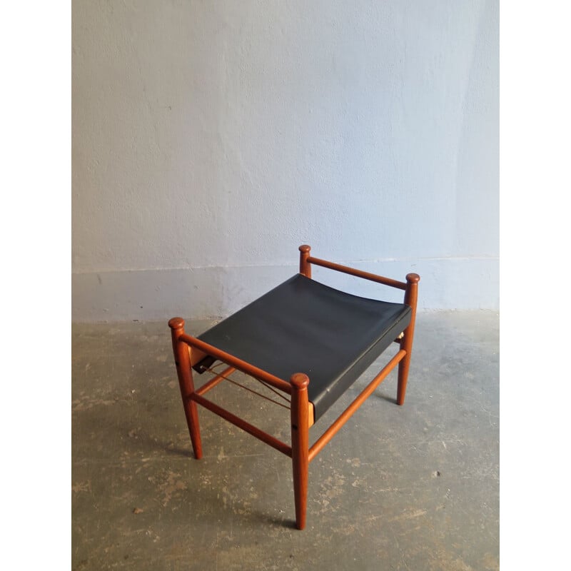 Vintage Teak and black leather danish foot stool 1950