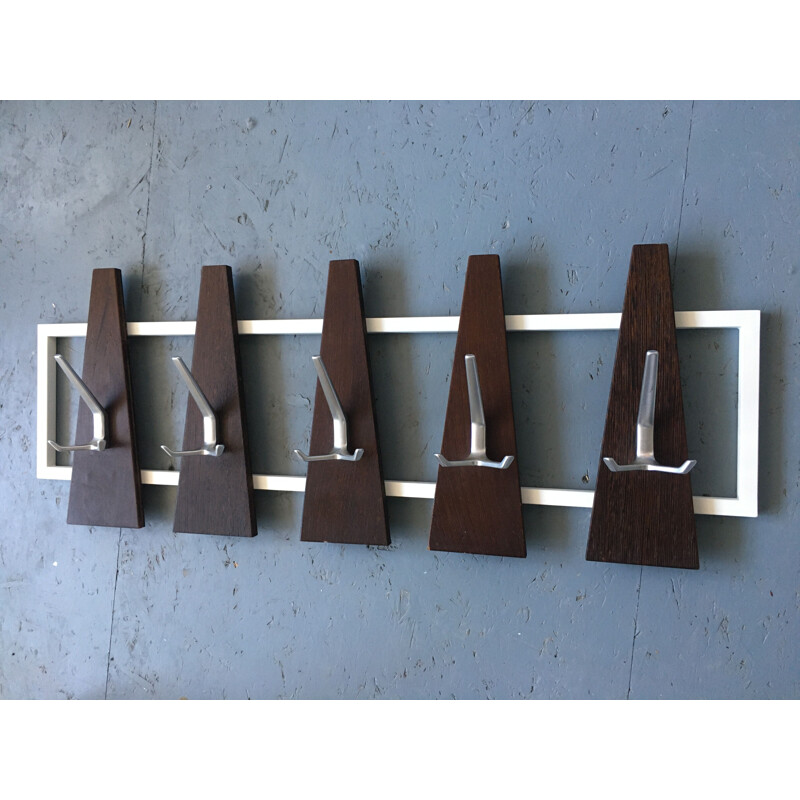 Vintage wenge and alloy wall coat rack, 1950