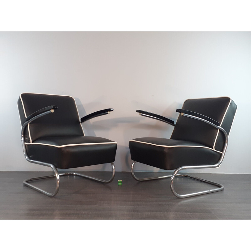 Pair of Vintage Leather Armchairs K29 by Slezak, by Gispen Thonet 411, Czech 1950