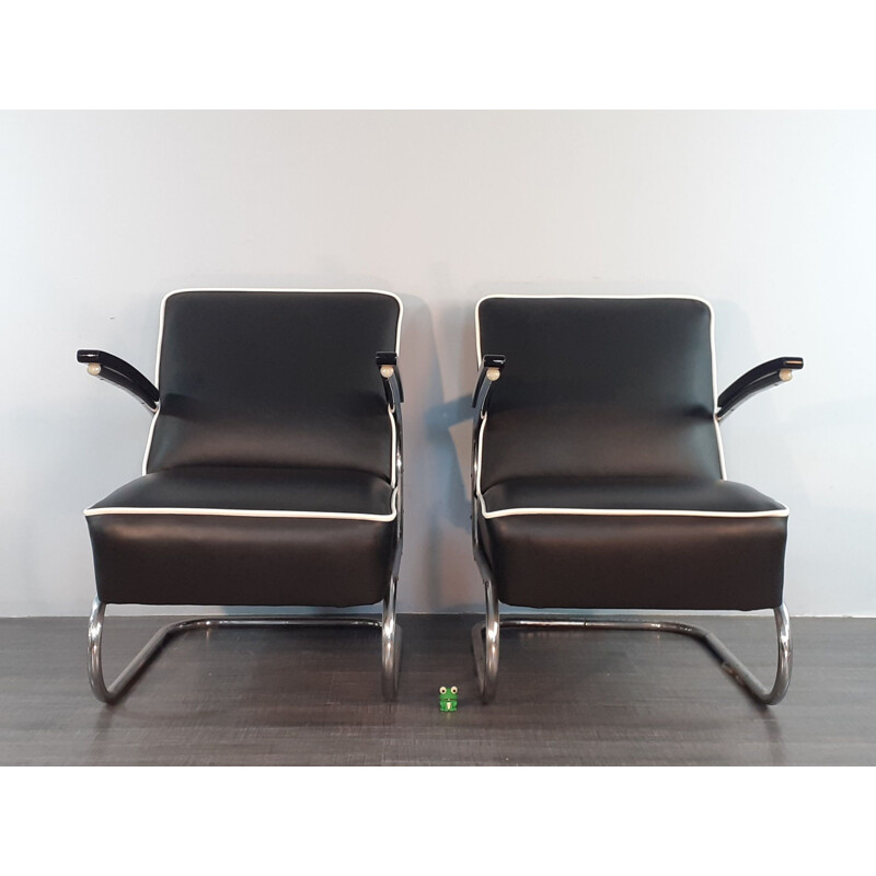 Pair of Vintage Leather Armchairs K29 by Slezak, by Gispen Thonet 411, Czech 1950