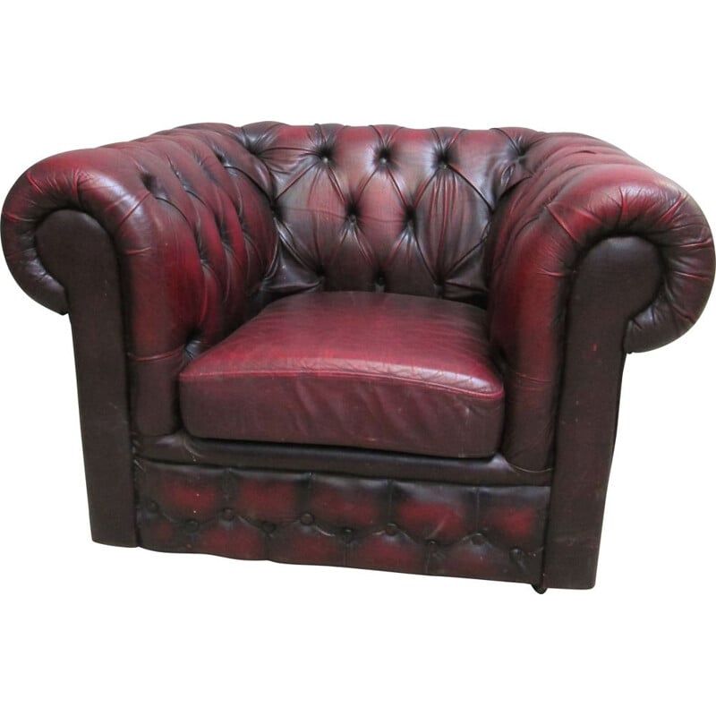 Vintage chesterfield leather armchair dark burgundy red