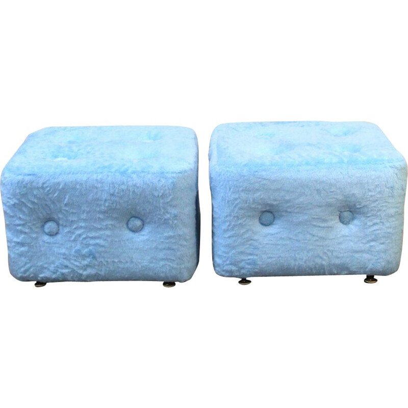 Pair of vintage blue ottomans, Spain 1970