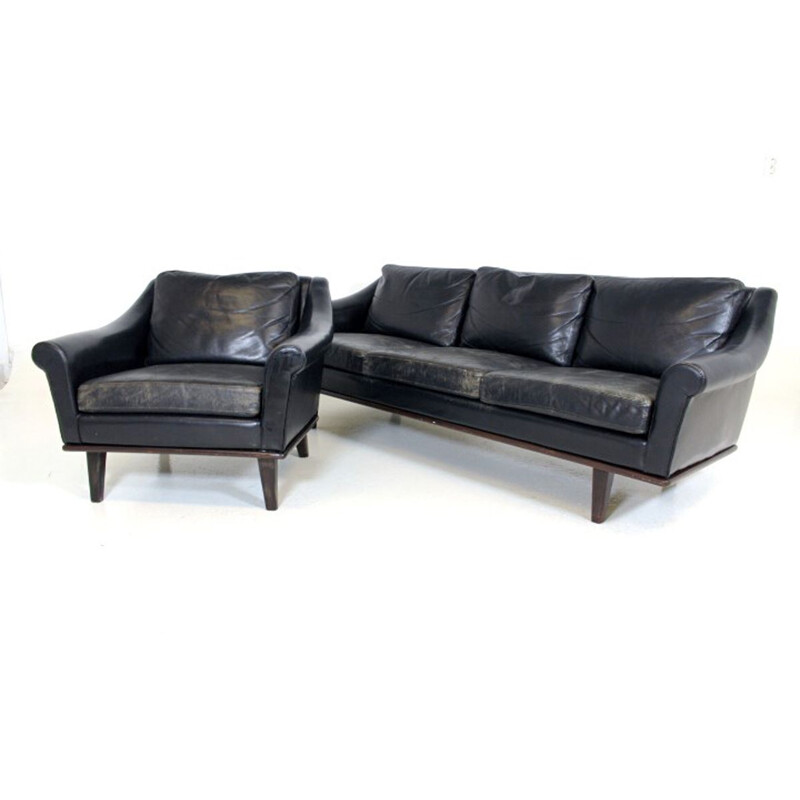 Vintage 3-seater sofa and armchair set in Scandinavian leather, Sweden, 1960