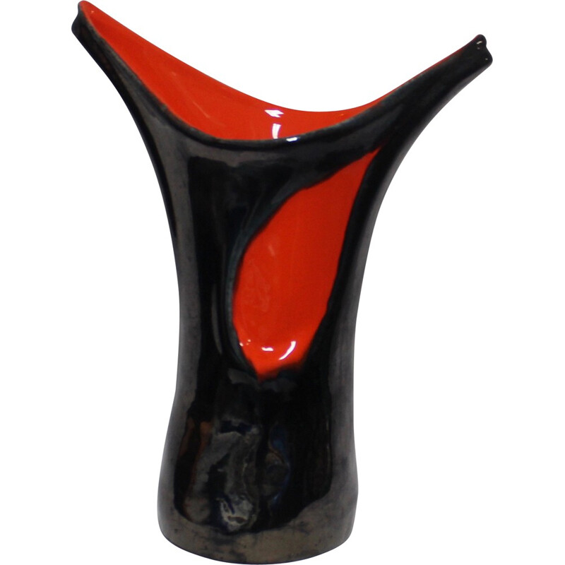 Large freeform vase in orange and black ceramic - 1950s