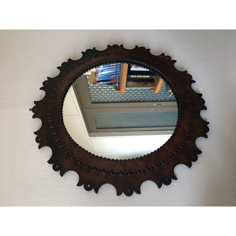 Vintage round mirror with leather frame, 1960