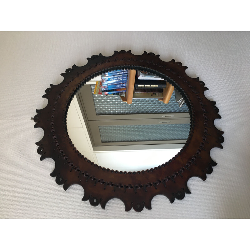 Vintage round mirror with leather frame, 1960