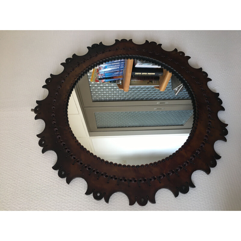 Vintage round mirror with leather frame, 1960