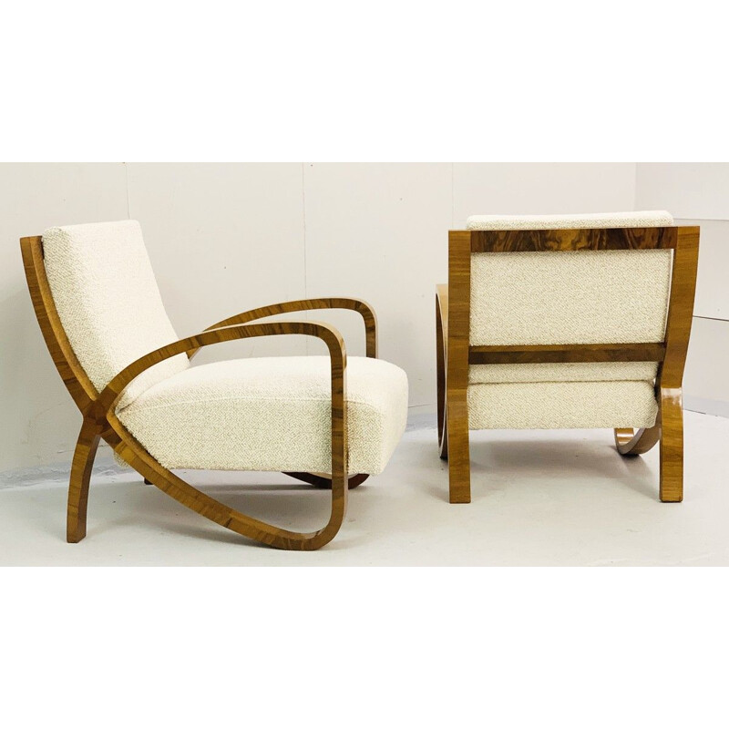 Pair of Art Deco Walnut Vintage Armchairs, 1930s