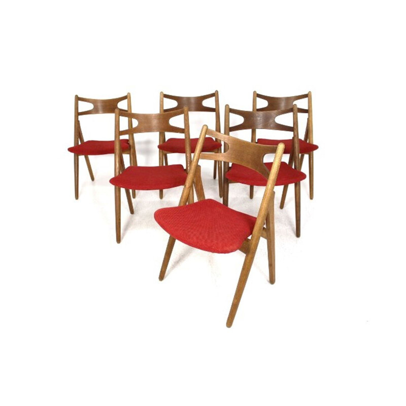 Set of 6 vintage oak and teak chairs 'Sawbuck CH29' Hans J. Wegner, Carl Hansen and Son, 1960